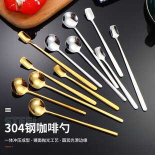 ✅ 304 Stainless Steel Long Handle Coffee Spoon Gold Square Head Spoon Small Round Spoon Dessert Spoon Mug Stirring Spoon Lettering