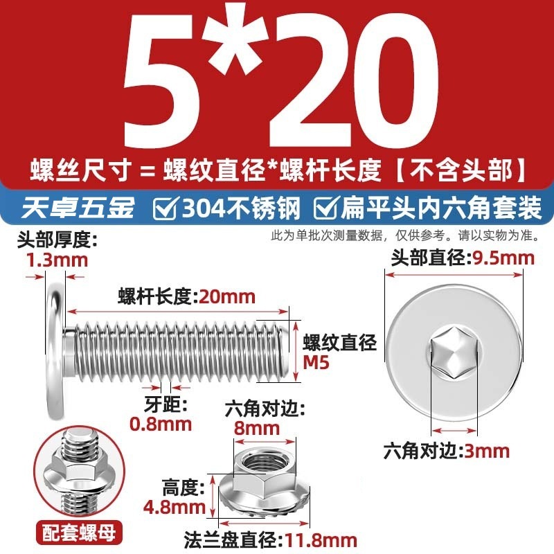 304不锈钢CM大平头超薄头C头扁平头内六角螺丝钉法兰边螺母套装M5|undefined
