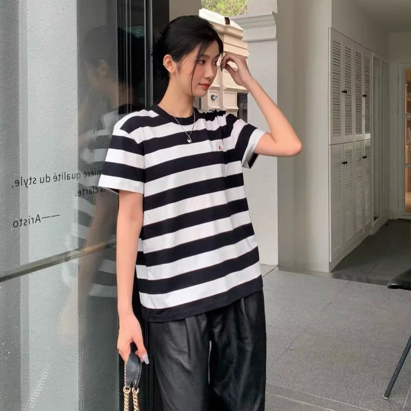 2025年新作AM愛の条紋柄半袖ラウンドネックTシャツ 夏用カジュアルゆったり男女兼用半袖トップス|undefined