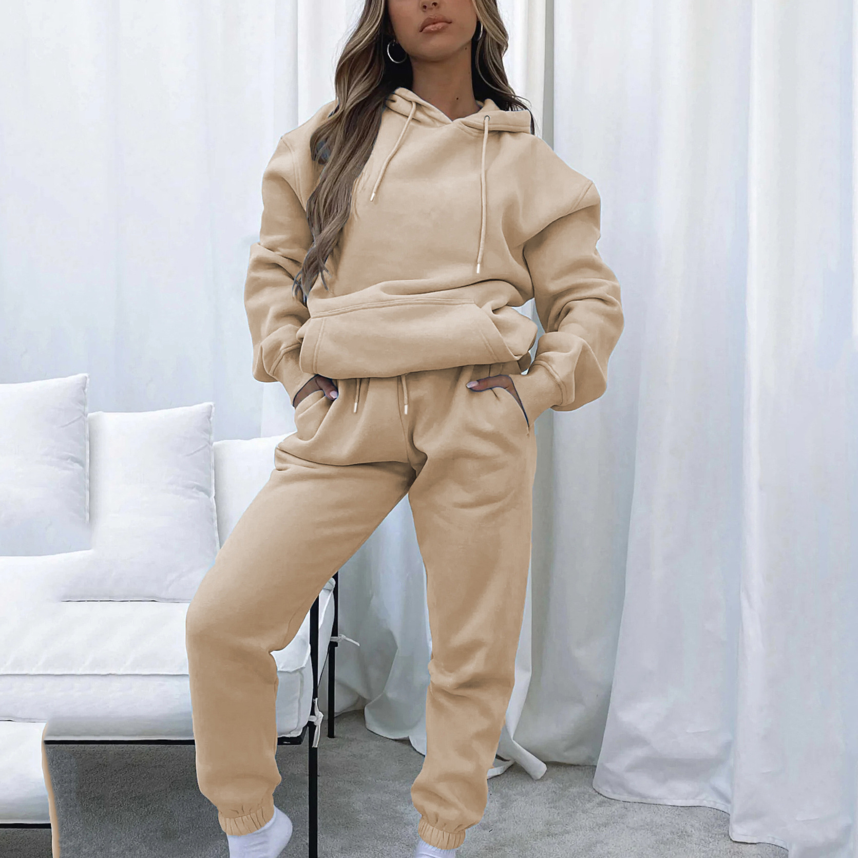 Ensemble Décontracté Femme À Capuche Avec Pantalon Et Poches_voghion.com