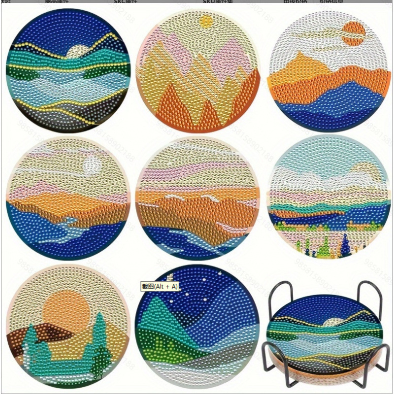 Ventas transfronterizas calientes de 8 piezas de conjunto de cojín de taza de arte de diamante, con soporte, pequeño conjunto de pintura de diamante, adecuado para adultos