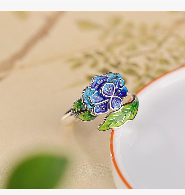 Vòng tay bạc S999 phong cách dân tộc họa tiết hoa sen cloisonne có thể điều chỉnh — Mở một size chi tiết 3