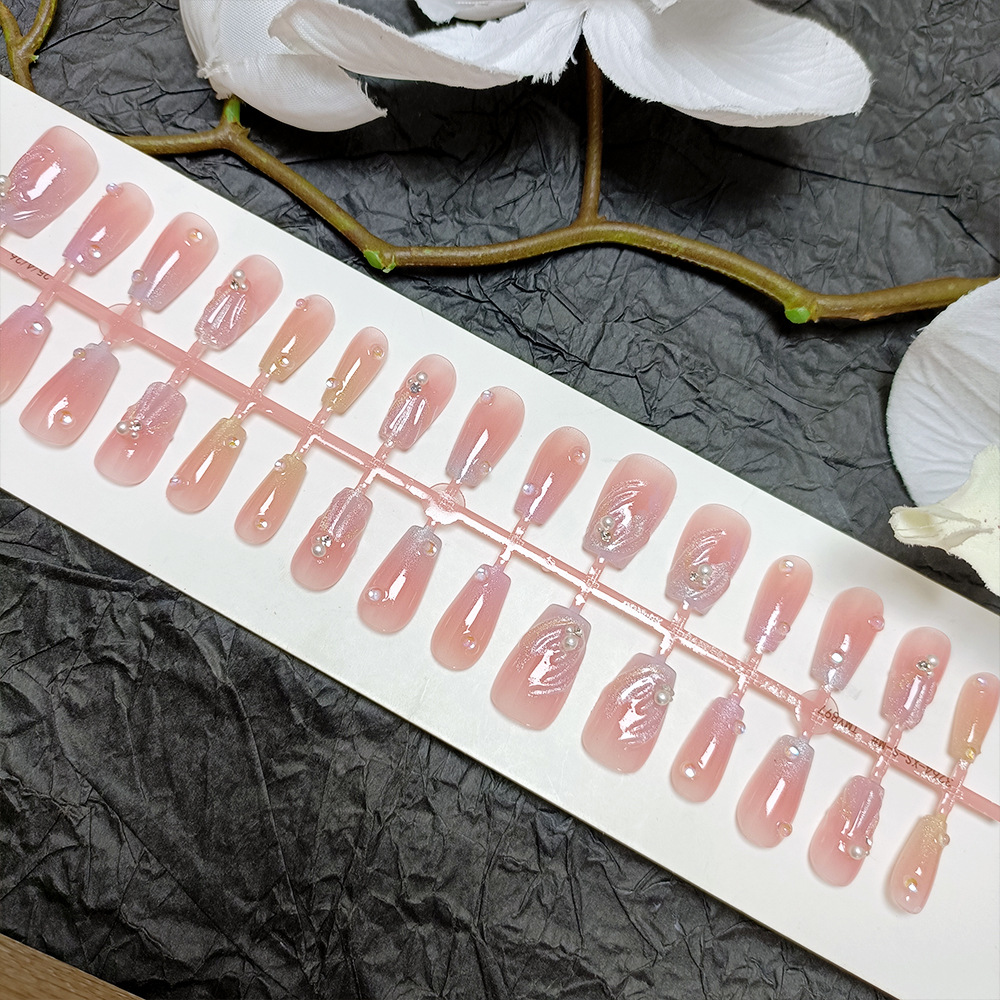 Perlas y diamantes, uñas hechas a mano, uñas, ojos de gato de viento lindo, uñas postizas, 30 piezas, uñas prefabricadas