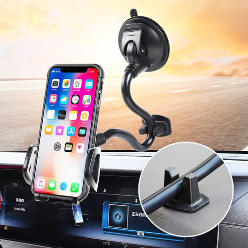 Car phone holder for windshield with extended soft tube suction cup type multi-function navigation shockproof fixed stand