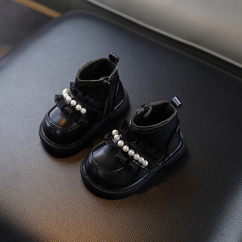 Baby girl short boots for infants and young children, soft soled learning to walk shoes, winter lined cotton shoes, little princess mini leather shoes, Martin boots