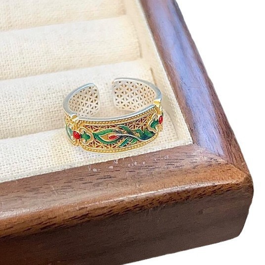 2024 여성을위한 고대 방법 번트 블루 반지 새로운 중국 스타일 국가 스타일 에나멜 컬러 피닉스 깃털 클래식 틈새 오픈 검지 반지