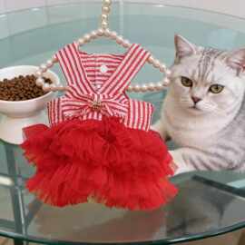 小中型犬春夏狗狗猫咪宠物衣服用品猫服饰条纹吊带网纱裙子狗衣服
