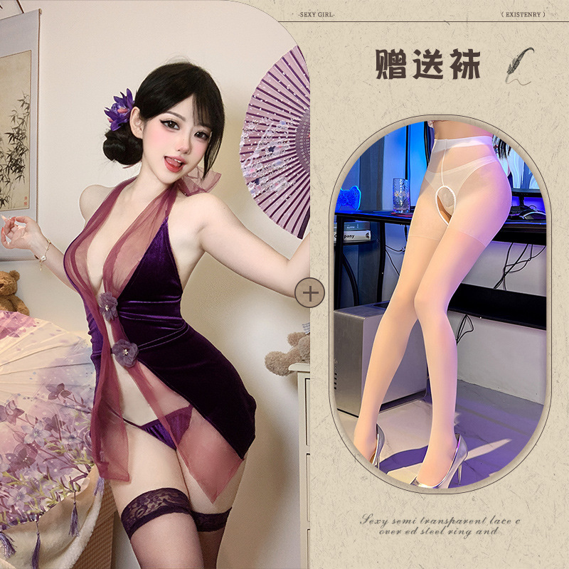 보라색[치파오+T바지]+흰색 가랑이 없는 양말