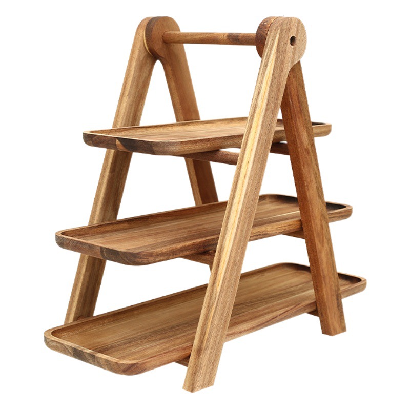 Bandeja de madera estante de picnic madera de acacia tres capas estante de almacenamiento olla caliente restaurante escritorio ingredientes vegetales estante de almacenamiento plegable