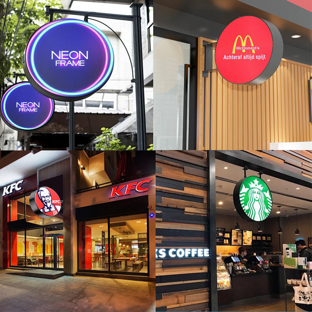 Pantalla redonda LED de hierro forjado a prueba de agua para exteriores, pantalla de puerta, logotipo de blíster, caja de luz de doble cara, letrero publicitario de pared colgante