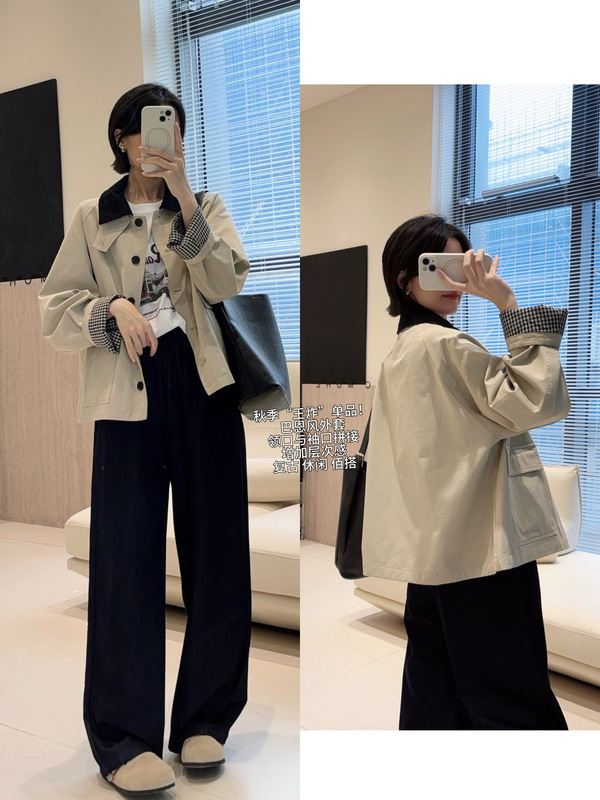 春不晚 早秋新款巴恩风外套~A字猎户装小个子风衣短款外套女宽松|undefined