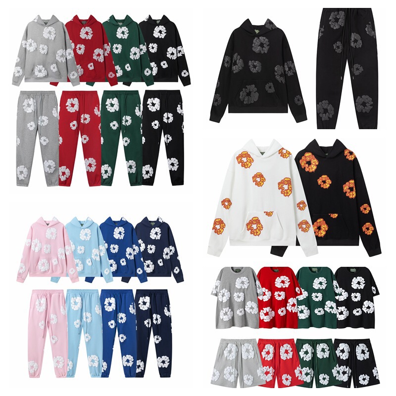 [Fleece-Lined] Kanye West Style Foam Kapok Denim Tears Hooded Sweatshirt and Casual Sweatpants Set Trendy