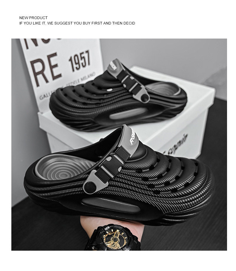Dép lỗ nam kiểu Crocs mùa hè chống trượt, mũi tròn bảo vệ, đi biển và lái xe — Trắng, màu xanh nhạt, đen chi tiết 23