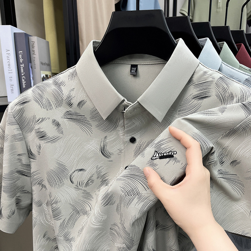 Cross-Border Men's Summer Polo Shirt with Short Sleeves, Printed Business Style, Ice Silk, High Elasticity, Breathable, Versatile, High-End Feel Cross-Border Men's Summer Polo Shirt with Short Sleeves, Printed Business Style, Ice Silk, High Elasticity, Breathable, Versatile, High-End Feel