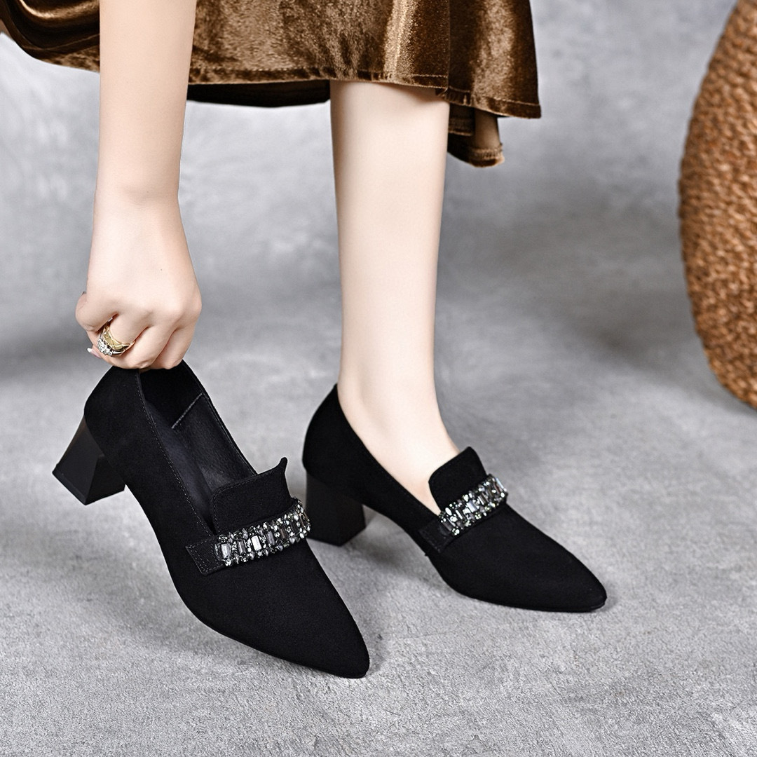尖头单鞋女2025气质水钻黑色羊皮浅口高跟鞋两种高度一脚蹬乐福鞋