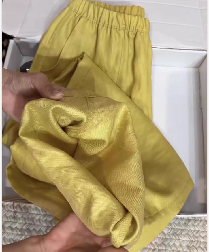 Quần culottes nữ ống rộng vải lanh màu vàng eo cao mùa hè — màu vàng chi tiết 4
