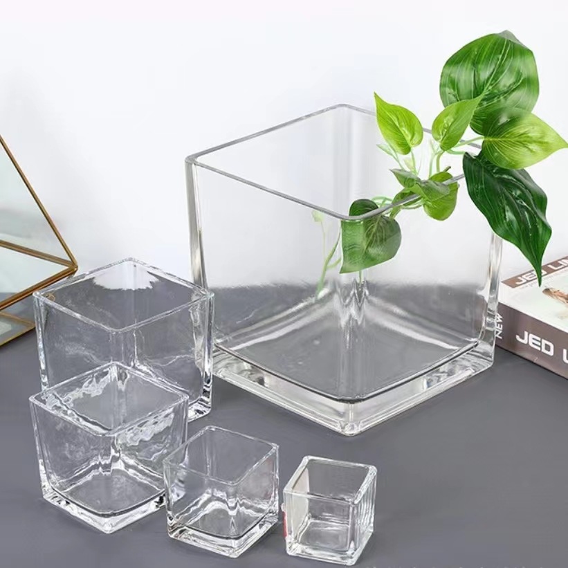 批发透明加厚四方形玻璃器皿简约透明玻璃花瓶方缸创意蜡烛玻璃瓶