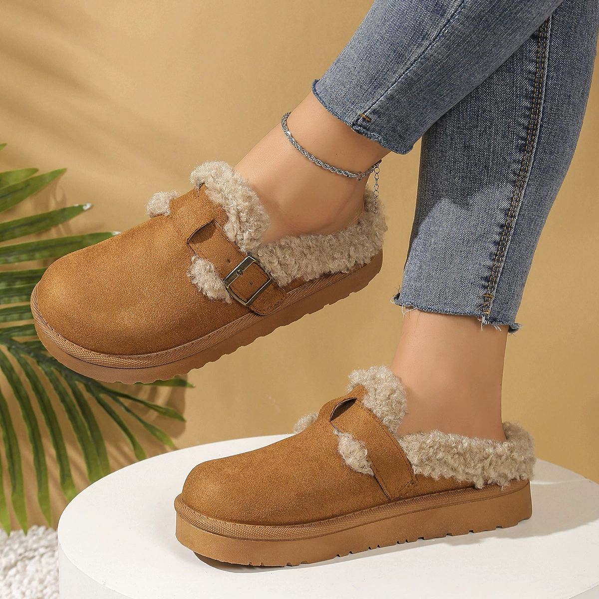 Туфли Birkenstock с набивкой из флиса, хлопковые тапочки, новинка 2025 года, хлопковые тапочки большого размера на плоской подошве и одна нога, чтобы носить ленивые туфли