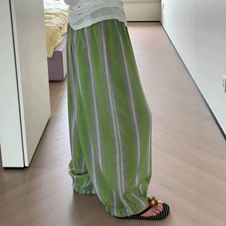 复古休闲抹茶绿条纹阔腿睡裤女夏季新款高腰宽松外穿百搭家居长裤