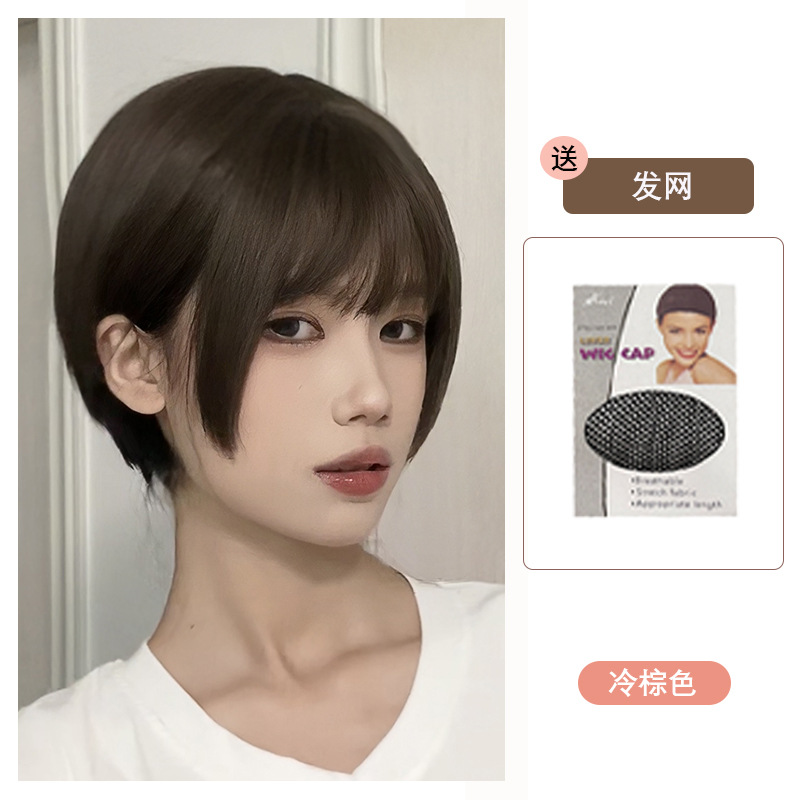 Peluca Bobo Cabeza Corto Cabello de mujer Cabello completo Cabello natural Moda cara redonda Clavícula Cabello Aire flequillo Funda de peluca