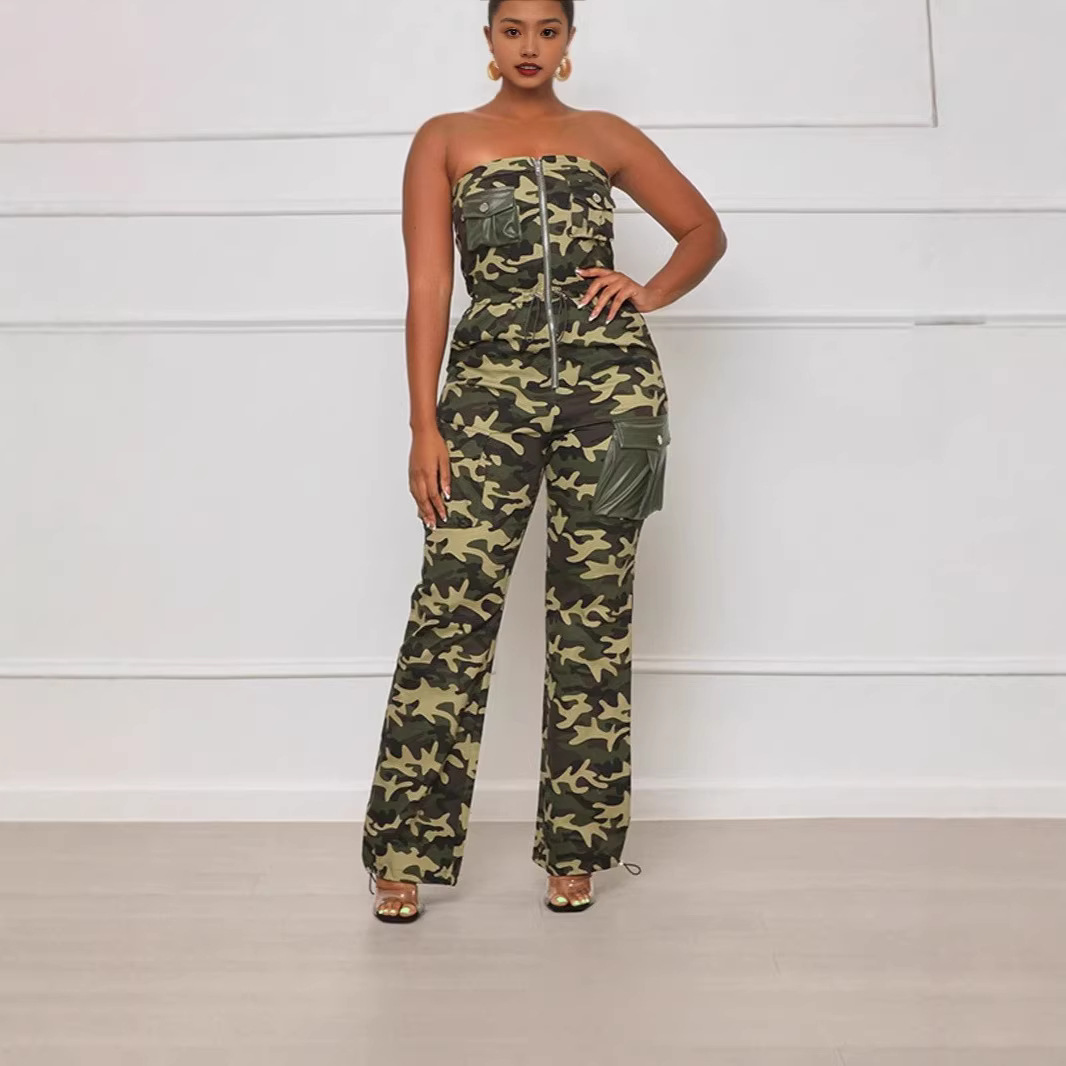 Comercio extranjero transfronterizo ropa de mujer de moda europea y americana sexy hombro abierto envuelto en el pecho elástico cintura cremallera recta junky camuflaje