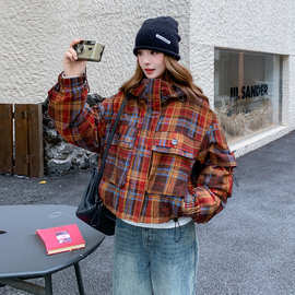 红色复古仿兔毛内胆格纹派克服女2025冬季小个子保暖厚实短款棉服