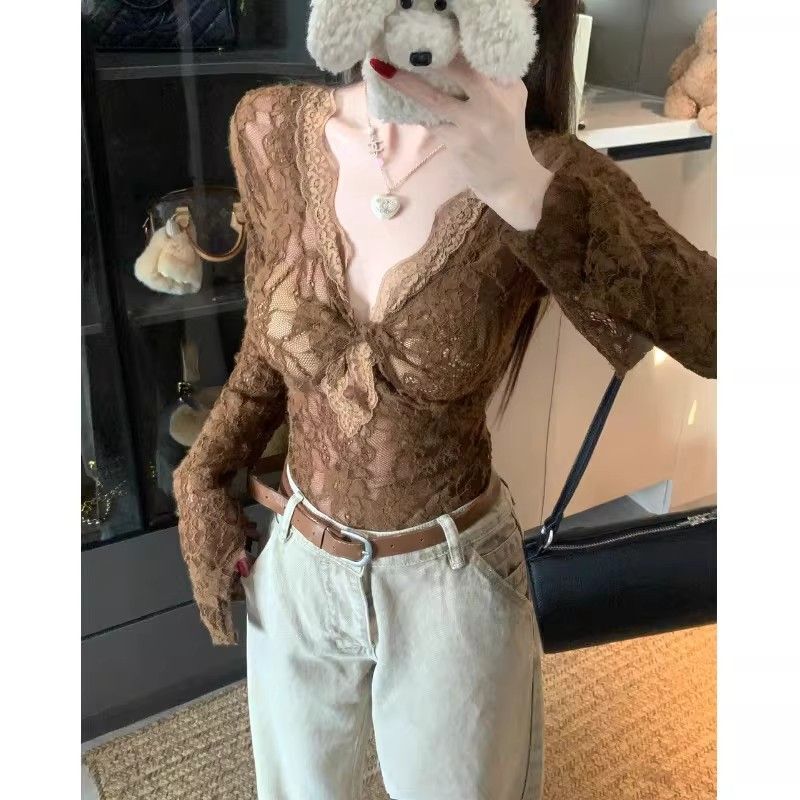 Lace Patchwork Pure Desire Style Twisted V-Neck T-Shirt, Slim Fit Black Long-Sleeve Top for Spring and Autumn, Hot Girl Inner Layer Base Shirt