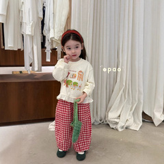 opao 秋の女の子韓国語版漫画スウェットシャツチェック柄カジュアルパンツ 8908