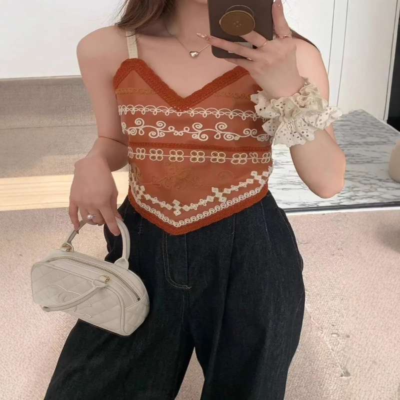 Sweet and Spicy Small Sling Hollow Stacked Artificial Leather Vest One-Shoulder Design Niche Western-style Short Thin Top