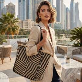 夏季女拉菲草手钩拼色条纹托特包大容量度假五面单肩包百搭腋下包