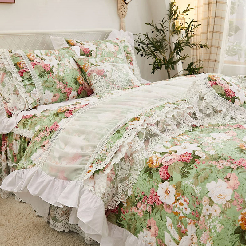 亞馬遜法式鄉村純棉印花被套四件套蕾絲花邊歐美床品床裙罩款枕套