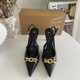High Heel Single Shoes Women's Thin Heels Black ZA2024 Summer New Large Sandals Pointed Shallow Mouth Metal Chain Women's Shoes
