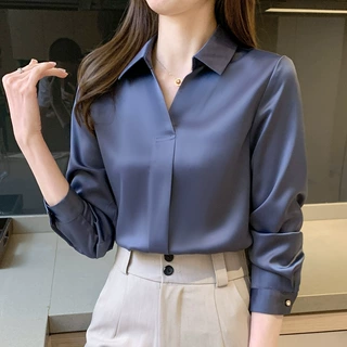 实拍2025秋季上新简约大方蓝色衬衫女装显瘦长袖洋气质方领上衣