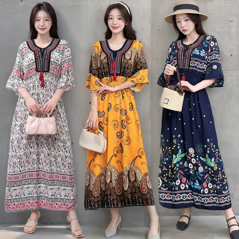 Southeast Asian Style Cotton Silk Floral dress Summer Seven-Sleeve Floral Skirt Holiday Style Printed Rayon Beach Dress