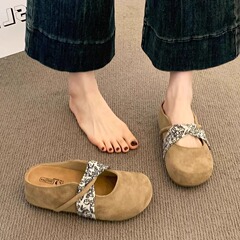 夏に外で履く女性向け牛革バージョンインナー高めつま先ハーフスリッパ2025新作ビルケンシュトックシューズ超人気スリッポンミュールシューズ