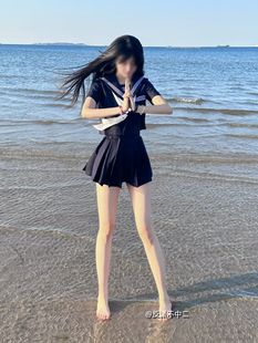 Orthodox Improved Cyan Three-Piece Jk Uniform Basic Model College Style School Uniform Middle Sailor Suit Southeast Asia Zhishi Short Skirt