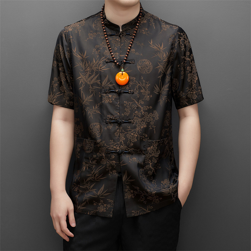 Men's Tang Suit Ice Silk Short-Sleeve Chinese Style Hanfu for Middle-Aged and Elderly Men, Summer Clothing for Grandpa and Dad Men's Tang Suit Ice Silk Short-Sleeve Chinese Style Hanfu for Middle-Aged and Elderly Men, Summer Clothing for Grandpa and Dad