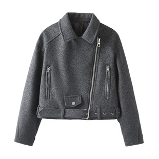 2024 autumn and winter new women's clothing European and American style sweet cool suit collar tooling motorcycle casual solid color woolen jacket coat