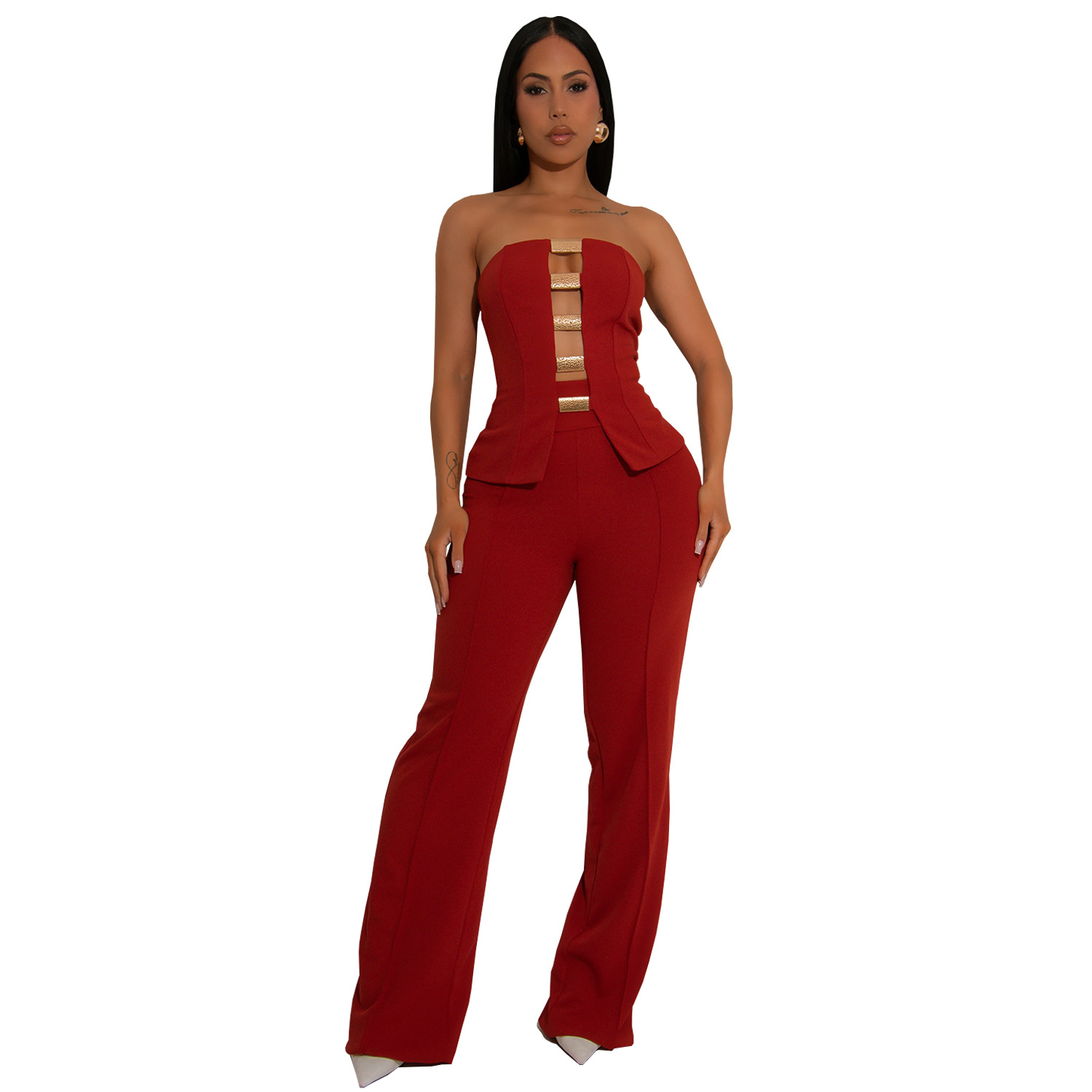 C7367 Cross-border AliExpress Amazon Ropa de mujer de moda europea y americana Top de tubo sexy Botón dorado Pantalones de brazo de dos piezas