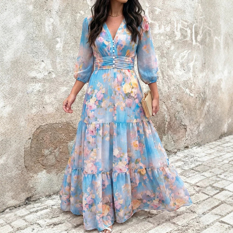 Women's Floral Print Chiffon Long Dress with V-Neck, Lantern Three-Quarter Sleeves, Layered Ruffles, and Cinched Waist Women's Floral Print Chiffon Long Dress with V-Neck, Lantern Three-Quarter Sleeves, Layered Ruffles, and Cinched Waist