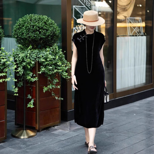 真絲絲絨復古盤扣洋氣松弛感旗袍連衣裙簡約休閑立領斜襟純色長裙