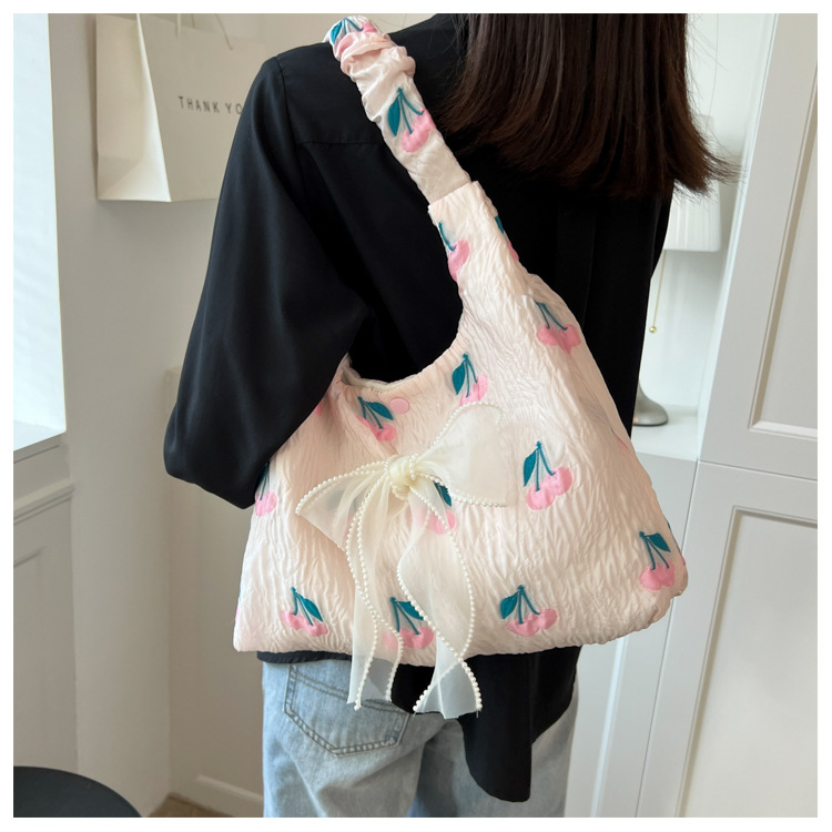 Women's Fashion Cherry Floral Flower Lace Bow Knot Magnetic Buckle Underarm Bag Canvas Shoulder Bags display picture 1