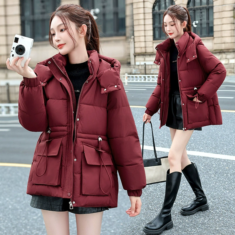 跨境欧美2025年新款加厚收腰棉服女韩版宽松秋冬季连帽外套棉袄潮