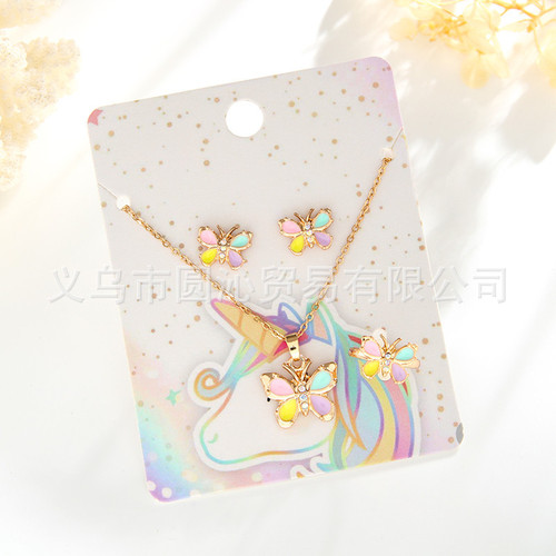 New Alloy Drop Oil Children's Jewelry Set Cartoon Butterfly Heart Necklace Earrings Rings Three-Piece Set Decorations