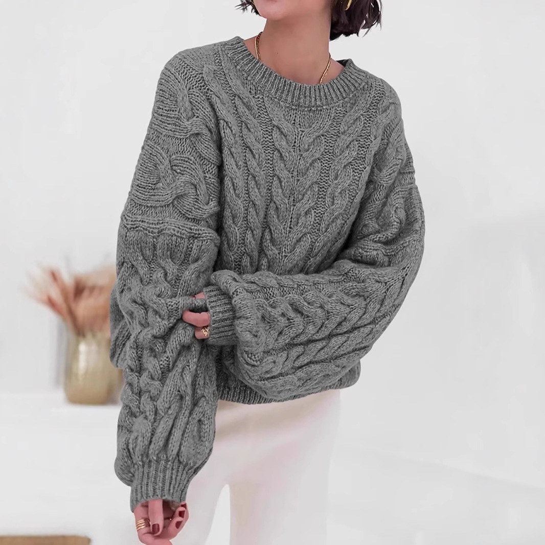 跨境俄罗斯毛衣秋冬新款通勤粗针大麻花宽松套头衫圆领长袖毛衣女