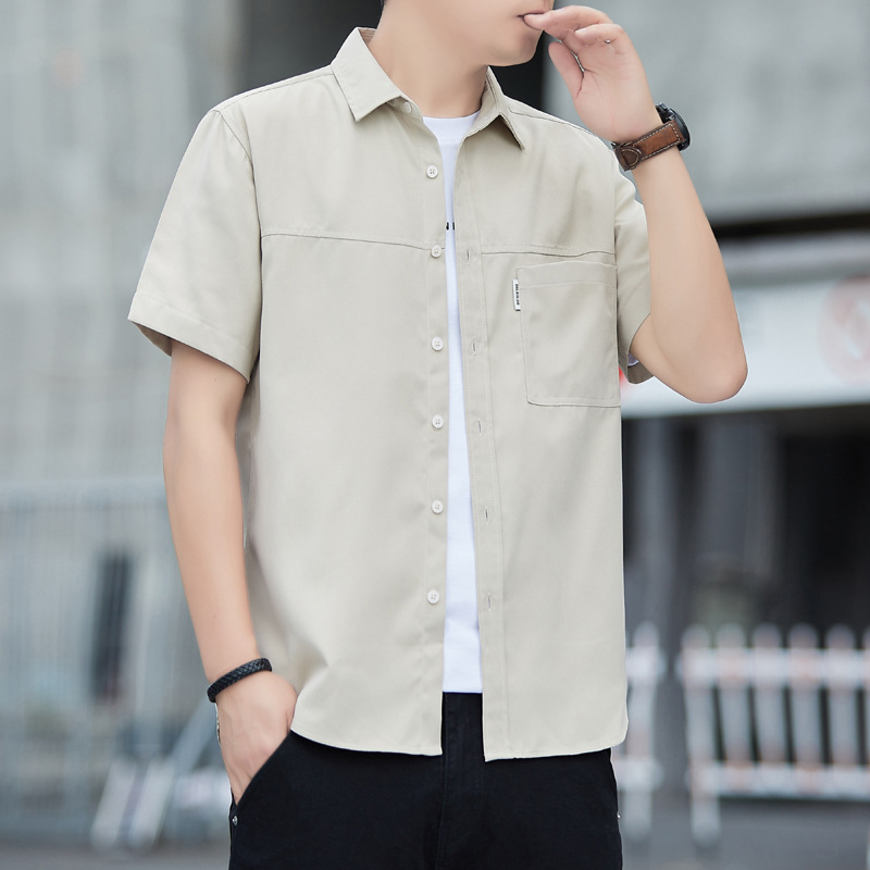 Men's Short-Sleeved Shirt Summer Thin Loose Simple Hong Kong Style Trendy Three-Quarter Sleeve Casual Work Shirt Jacket