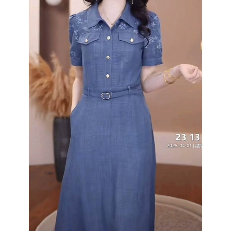 Модное платье 2025 года, новое летнее женское платье с короткими рукавами, элегантное, скрывающее фигуру, стройнящее, с завышенной талией.