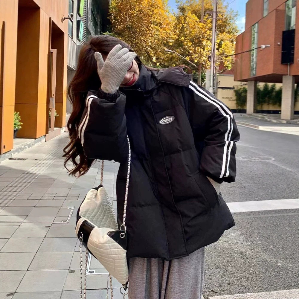 黑色羽绒棉服女冬季2026新款韩系宽松学院风情侣百搭连帽加厚棉袄
