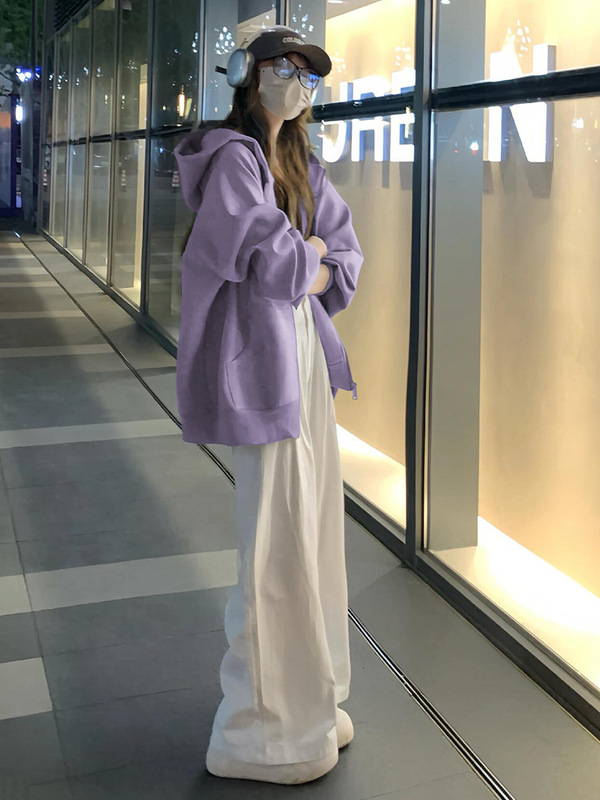 酒红色拉链开衫卫衣连帽外套女2025新款休闲宽松慵懒风长袖上衣服|undefined