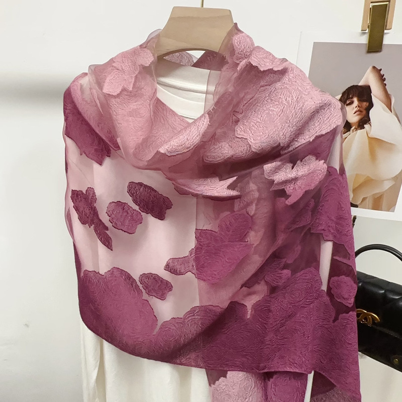 立体感のある花を切る工芸のマフラーの女性の春と秋の韓国版の欧根紗のバラの長いタイプのシルクのスカーフのショールの両用|undefined